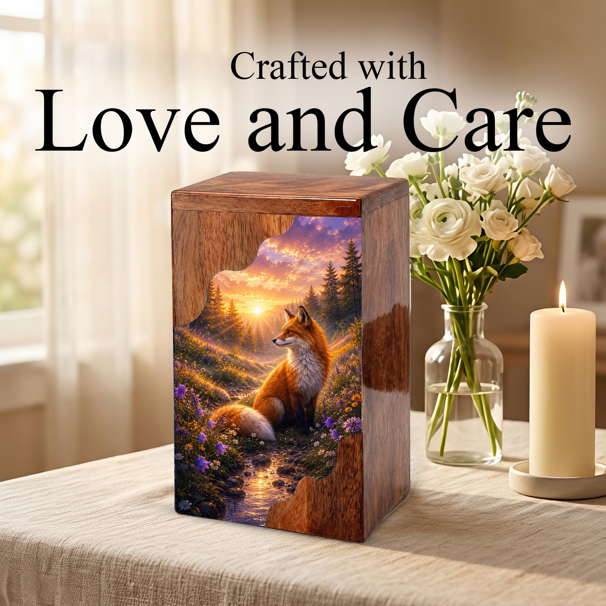 Wooden Cremation Urn for Human Ashes, Fox Memorial Urn