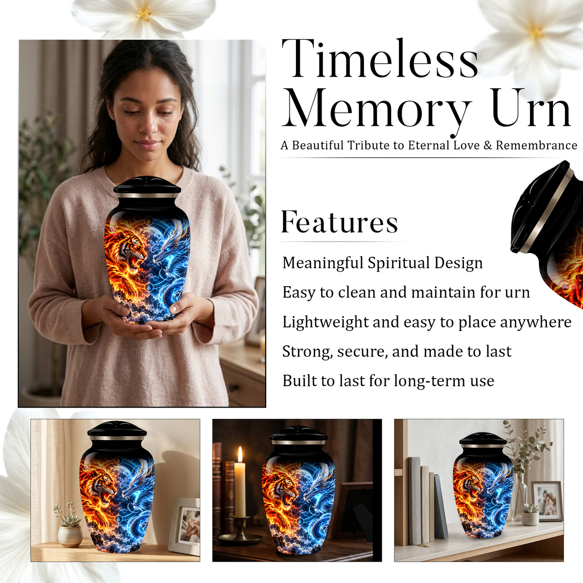 Personalized Adult Cremation Urn for Ashes, Fire and Ice Tiger and Dragon Memorial Urn