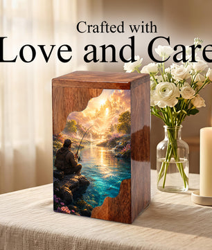 Heavenly Fishing Wooden Cremation Urn – Personalized Memorial Urn for Human Ashes