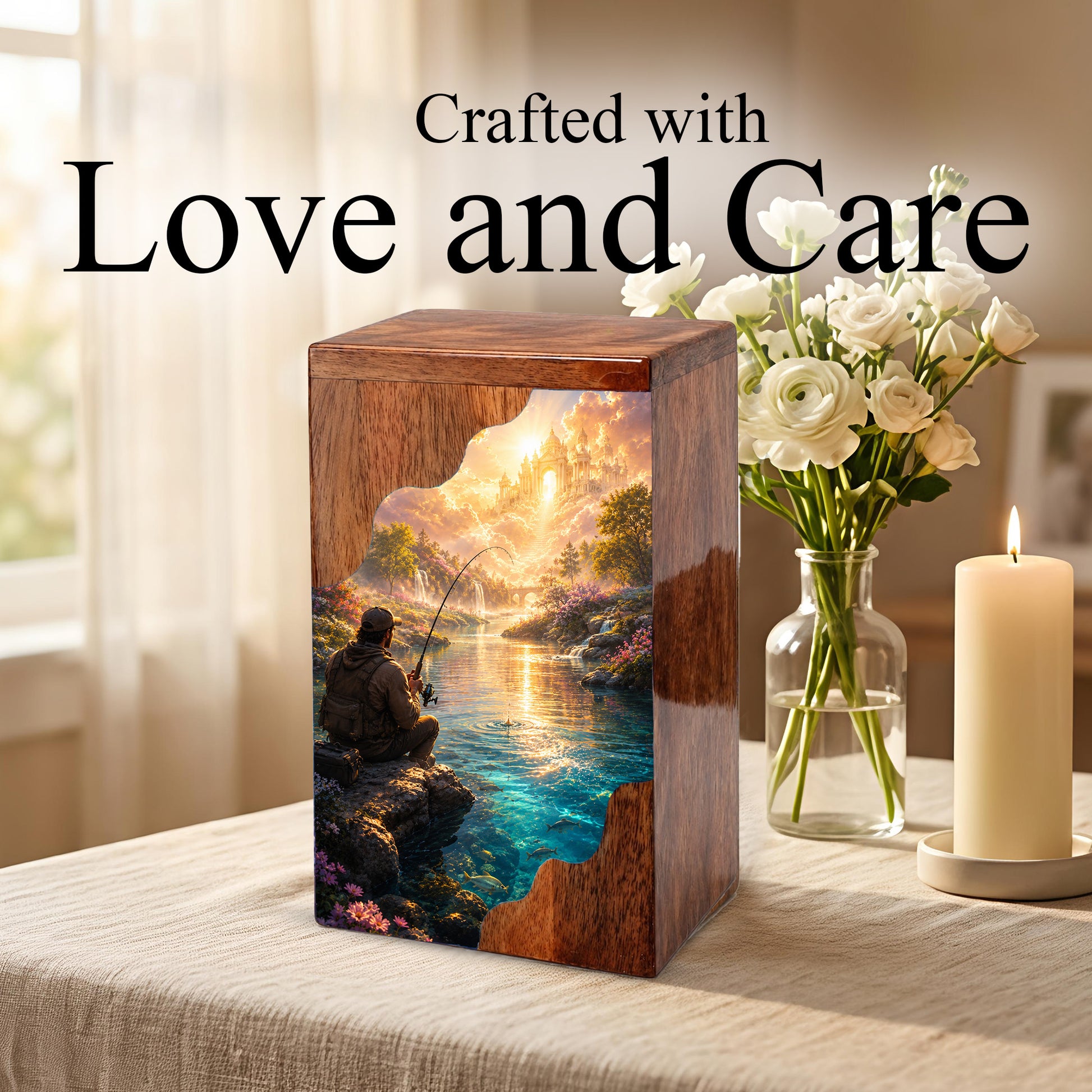 Heavenly Fishing Wooden Cremation Urn – Personalized Memorial Urn for Human Ashes