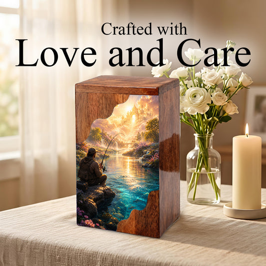 Heavenly Fishing Wooden Cremation Urn – Personalized Memorial Urn for Human Ashes
