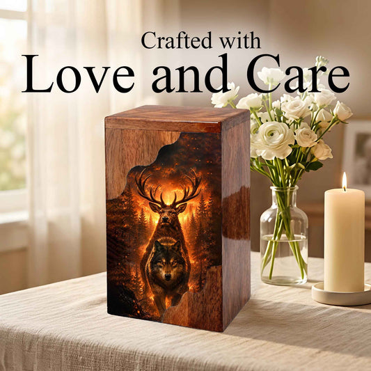 Wolf & Stag Wooden Cremation Urn – Woodland Memorial Urn
