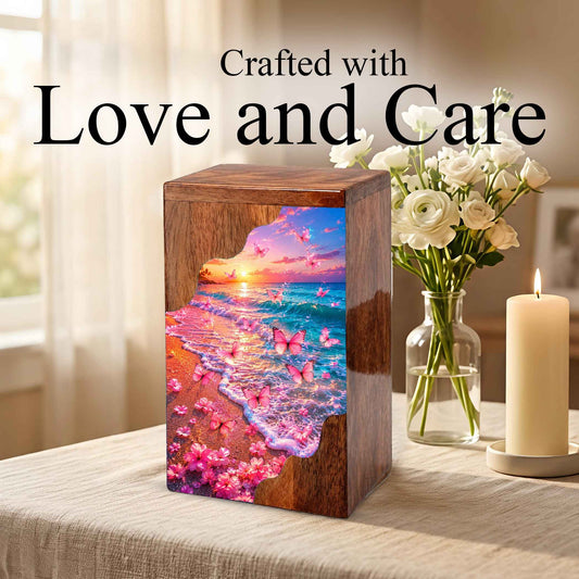Pink Butterfly Wooden Cremation Urn | Wooden Urn for Human Ashes