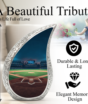 Baseball Personalized Cremation Urn for Dad – Teardrop Style Aluminum Memorial Urn, 10 Inch