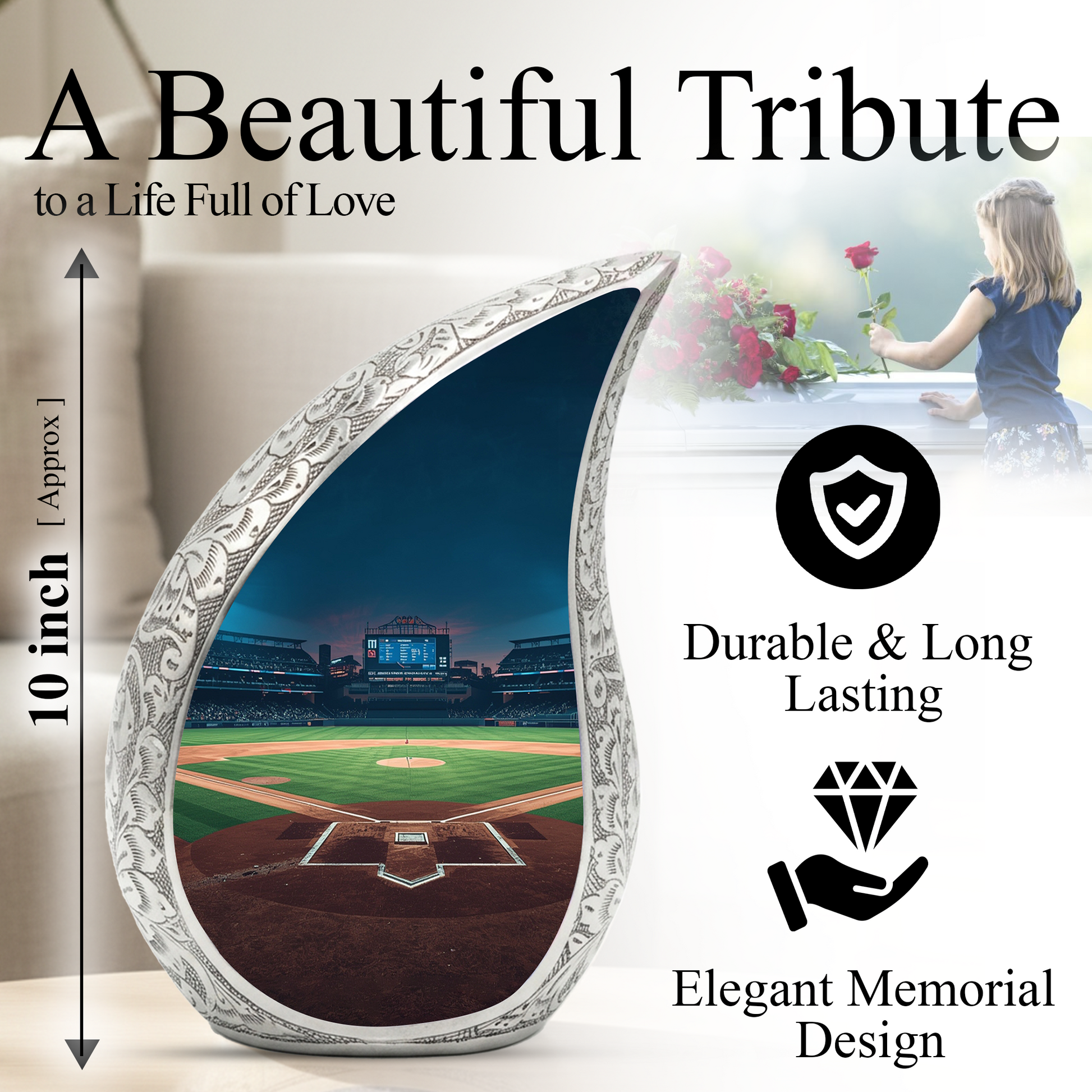 Baseball Personalized Cremation Urn for Dad – Teardrop Style Aluminum Memorial Urn, 10 Inch