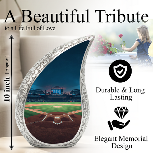 Baseball Personalized Cremation Urn for Dad – Teardrop Style Aluminum Memorial Urn, 10 Inch