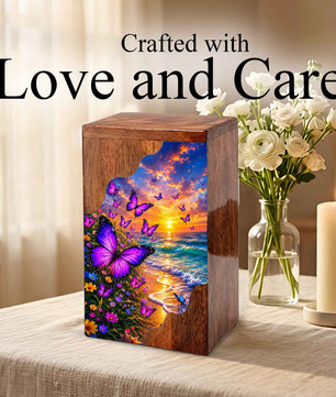 Purple Butterfly Beach Wooden Cremation Urn – Wooden Urn for Human Ashes