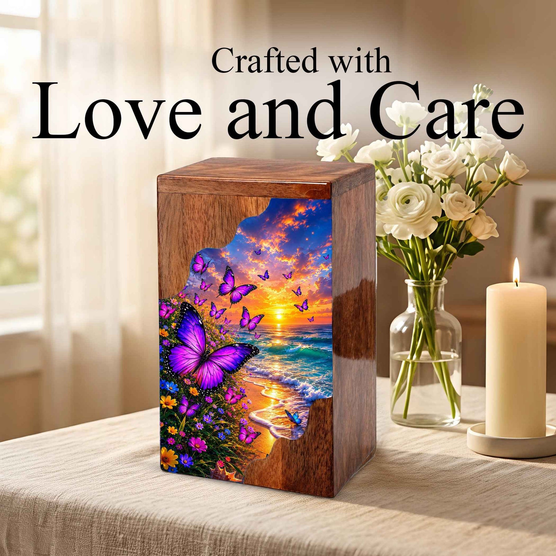 Purple Butterfly Beach Wooden Cremation Urn – Wooden Urn for Human Ashes