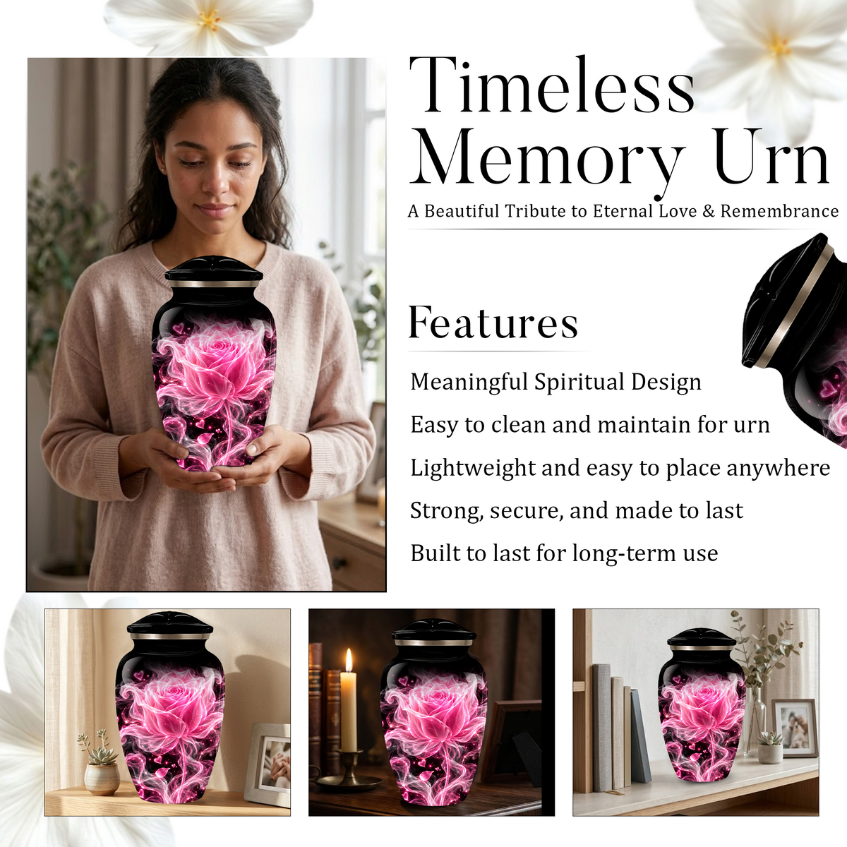 Pink Rose Cremation Urn for Ashes | Personalized Floral Memorial Urn | Handmade Adult Urn for Human Ashes