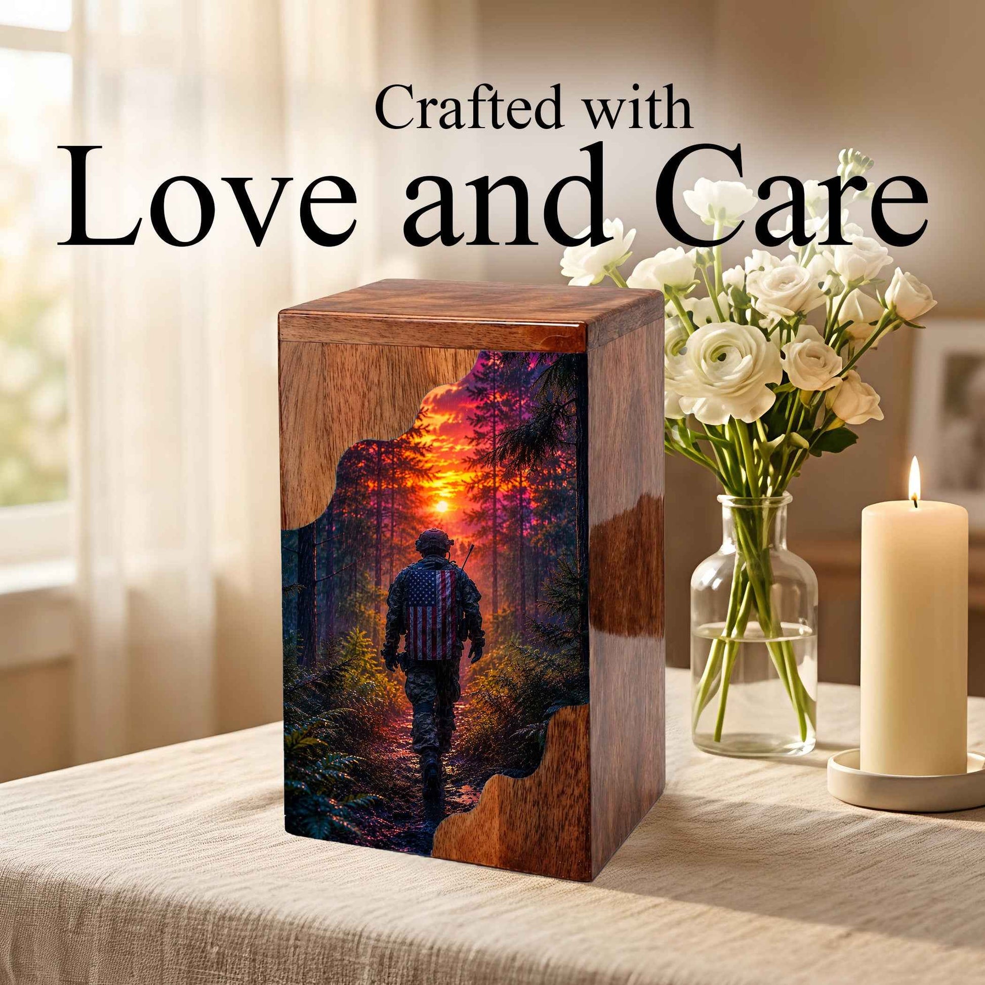 Military Memorial Wooden Cremation Urn – Patriotic Tribute Urn