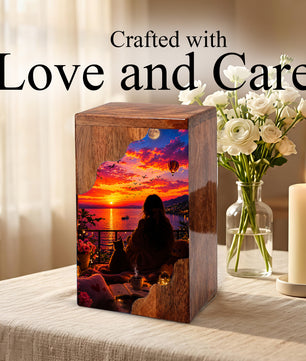 Sunset Balcony Wooden Cremation Urn – Peaceful Evening Memorial Urn with Ocean View Artwork
