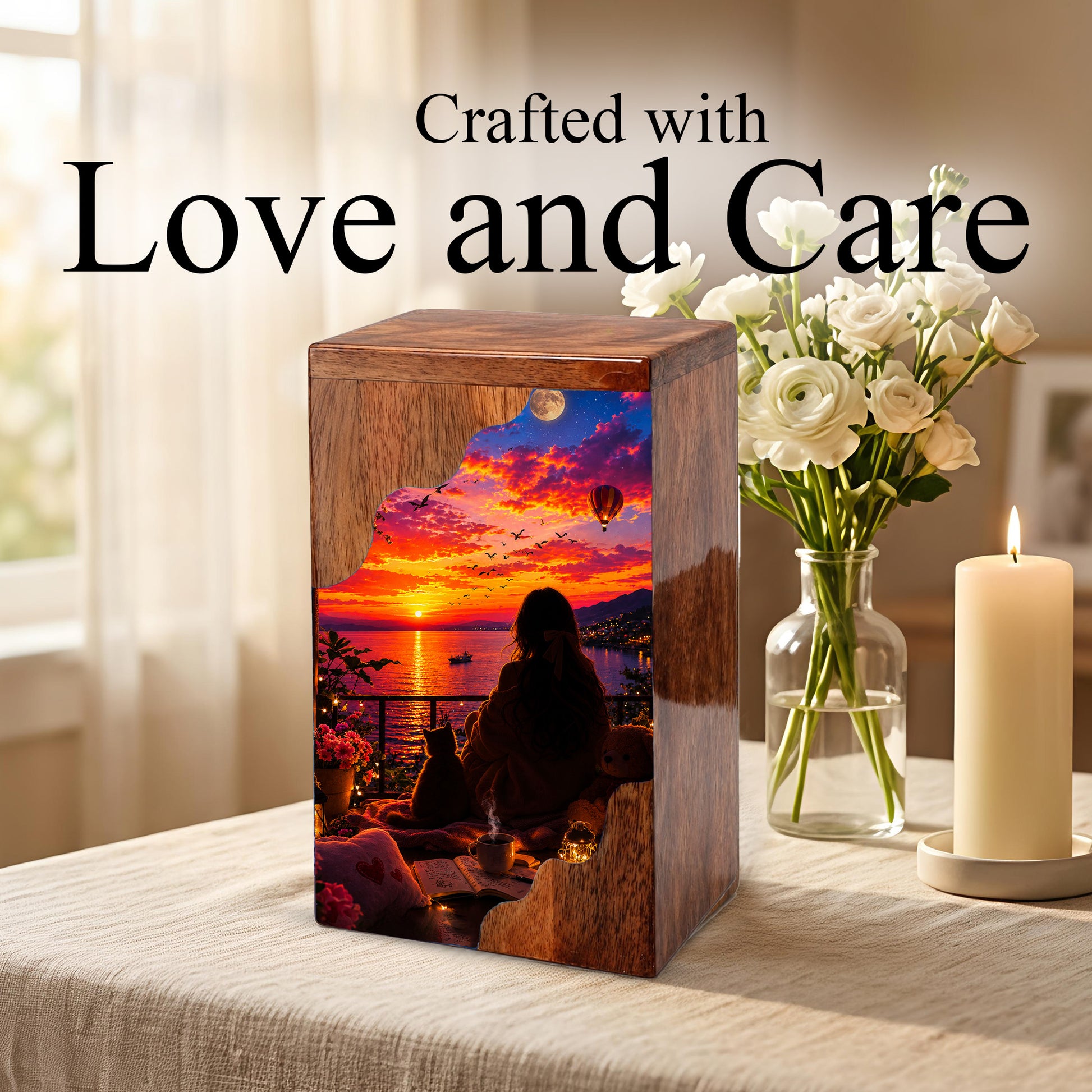 Sunset Balcony Wooden Cremation Urn – Peaceful Evening Memorial Urn with Ocean View Artwork