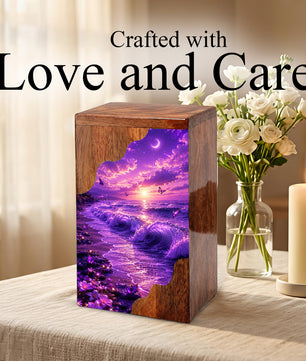 Moonlit Ocean Butterfly Wooden Cremation Urn – Beach Theme Wooden Urn for Human Ashes