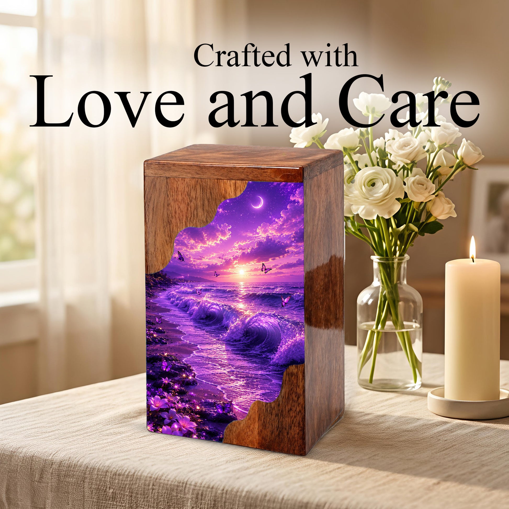 Moonlit Ocean Butterfly Wooden Cremation Urn – Beach Theme Wooden Urn for Human Ashes