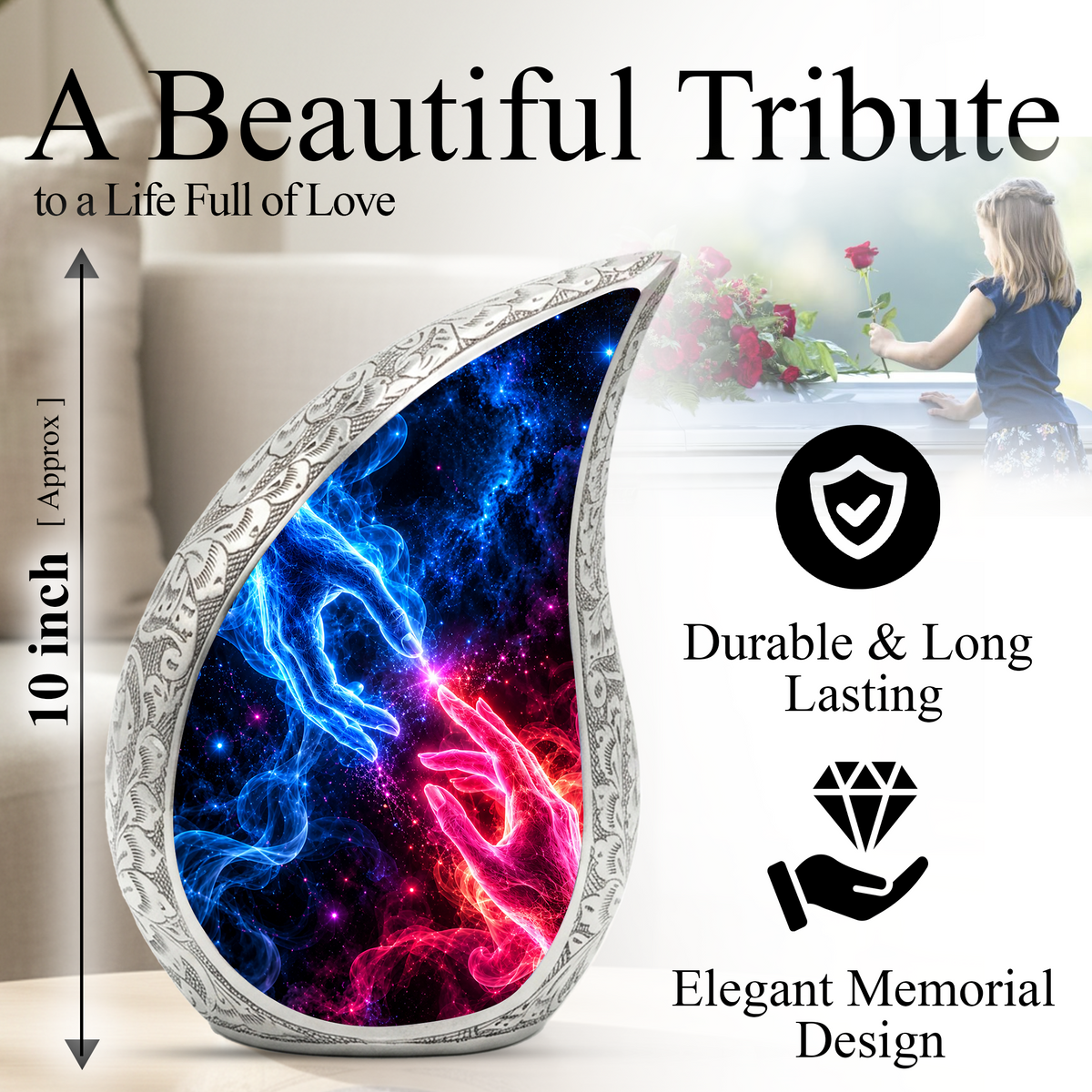 Cosmic Connection Cremation Urn for Ashes, Celestial Hands Adult Memorial Urn