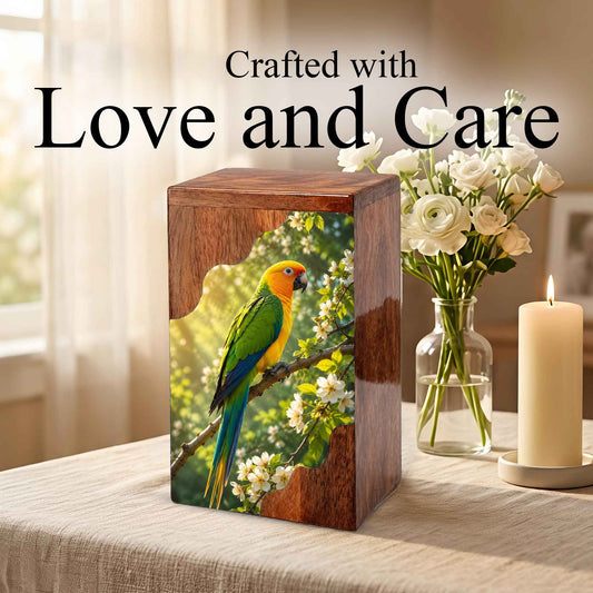 Parrot Wooden Cremation Urn – Personalized Memorial Urn for Human Ashes | Bird Memorial Wooden Urn