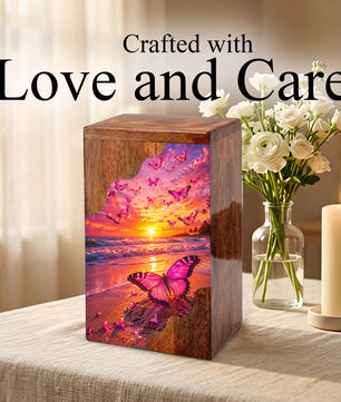 Butterfly Wooden Cremation Urn – Sunset Beach Memorial Urn for Ashes