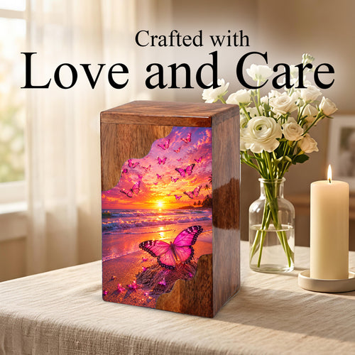 Butterfly Wooden Cremation Urn – Sunset Beach Memorial Urn for Ashes