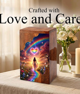 Rainbow Heart Wooden Cremation Urn – Celestial Rainbow Memorial Wooden Urn for Human Ashes