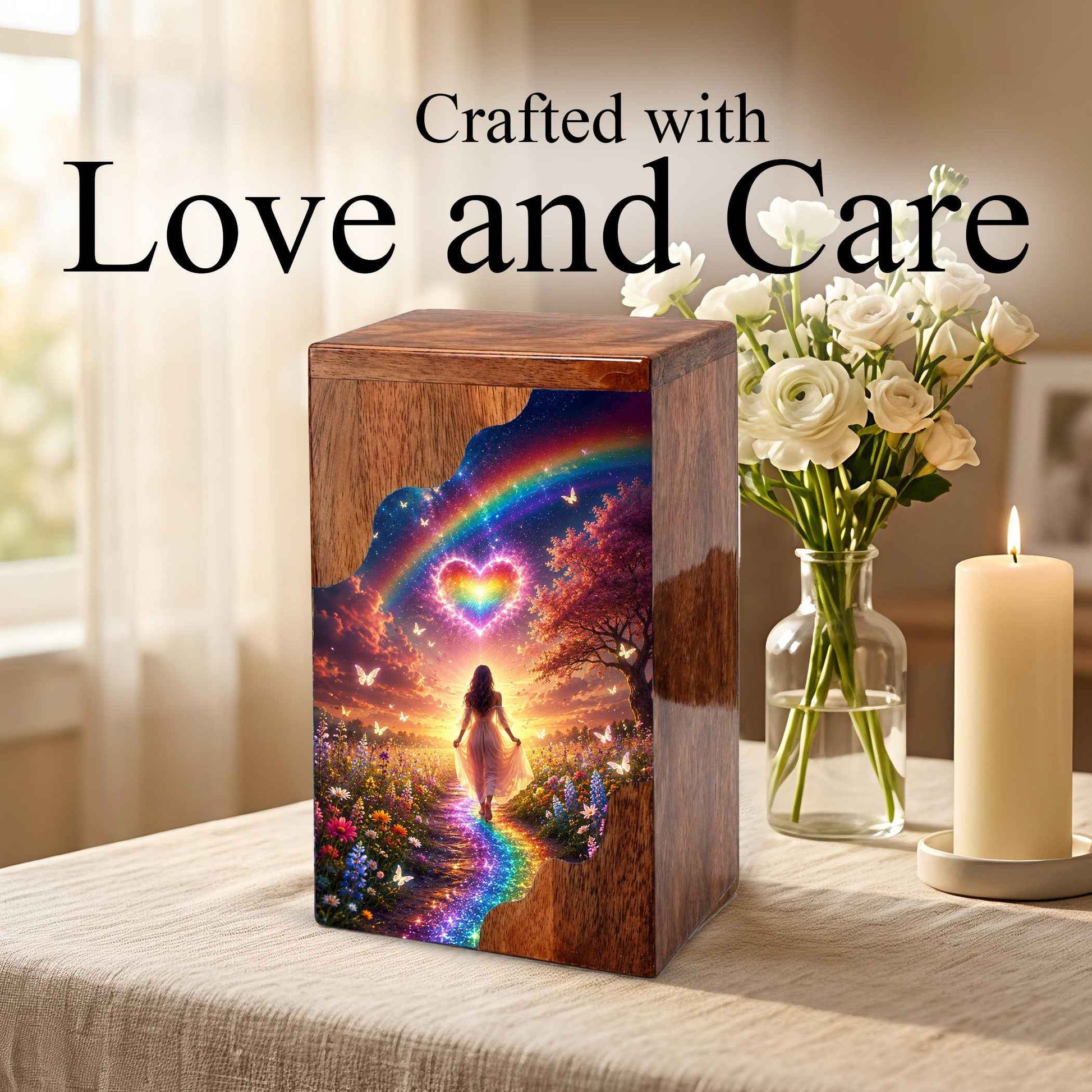 Rainbow Heart Wooden Cremation Urn – Celestial Rainbow Memorial Wooden Urn for Human Ashes