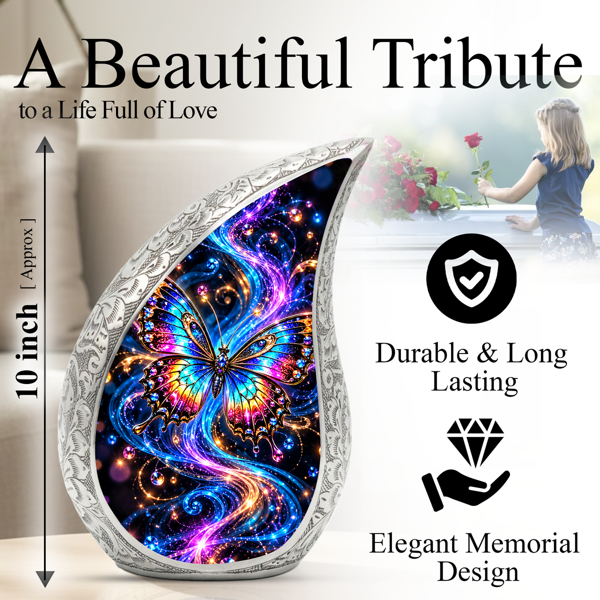 Colorful Butterfly Cremation Urn for Ashes, Rainbow Butterfly Memorial Urn