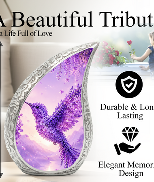 Hummingbird Urn for Human Ashes | Purple Floral Adult Cremation Urn | Beautiful Hummingbird Memorial Urn for Adult Ashes