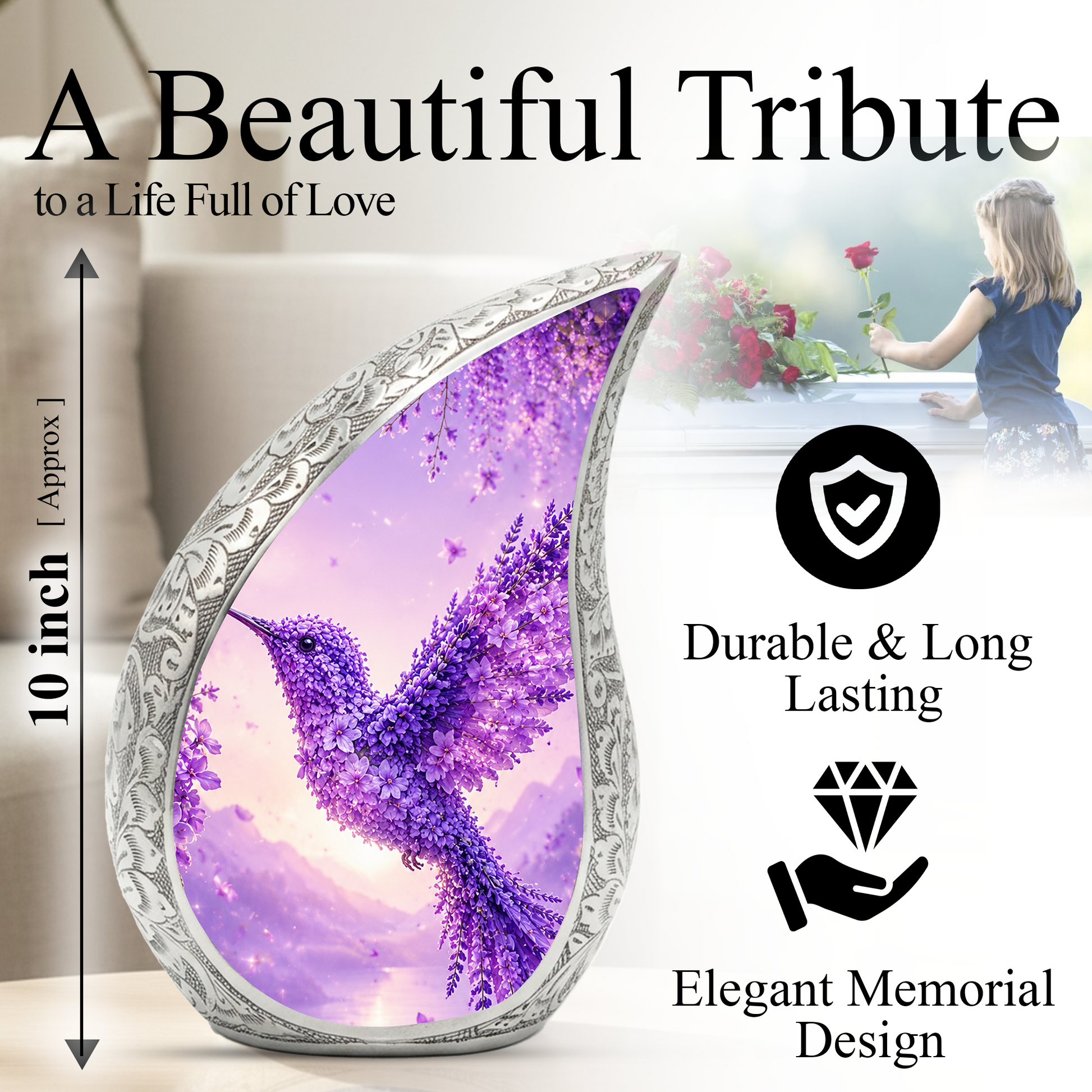 Hummingbird Urn for Human Ashes | Purple Floral Adult Cremation Urn | Beautiful Hummingbird Memorial Urn for Adult Ashes