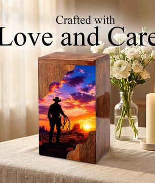 Cowboy Sunset Wooden Cremation Urn – Wooden Urn for Human Ashes