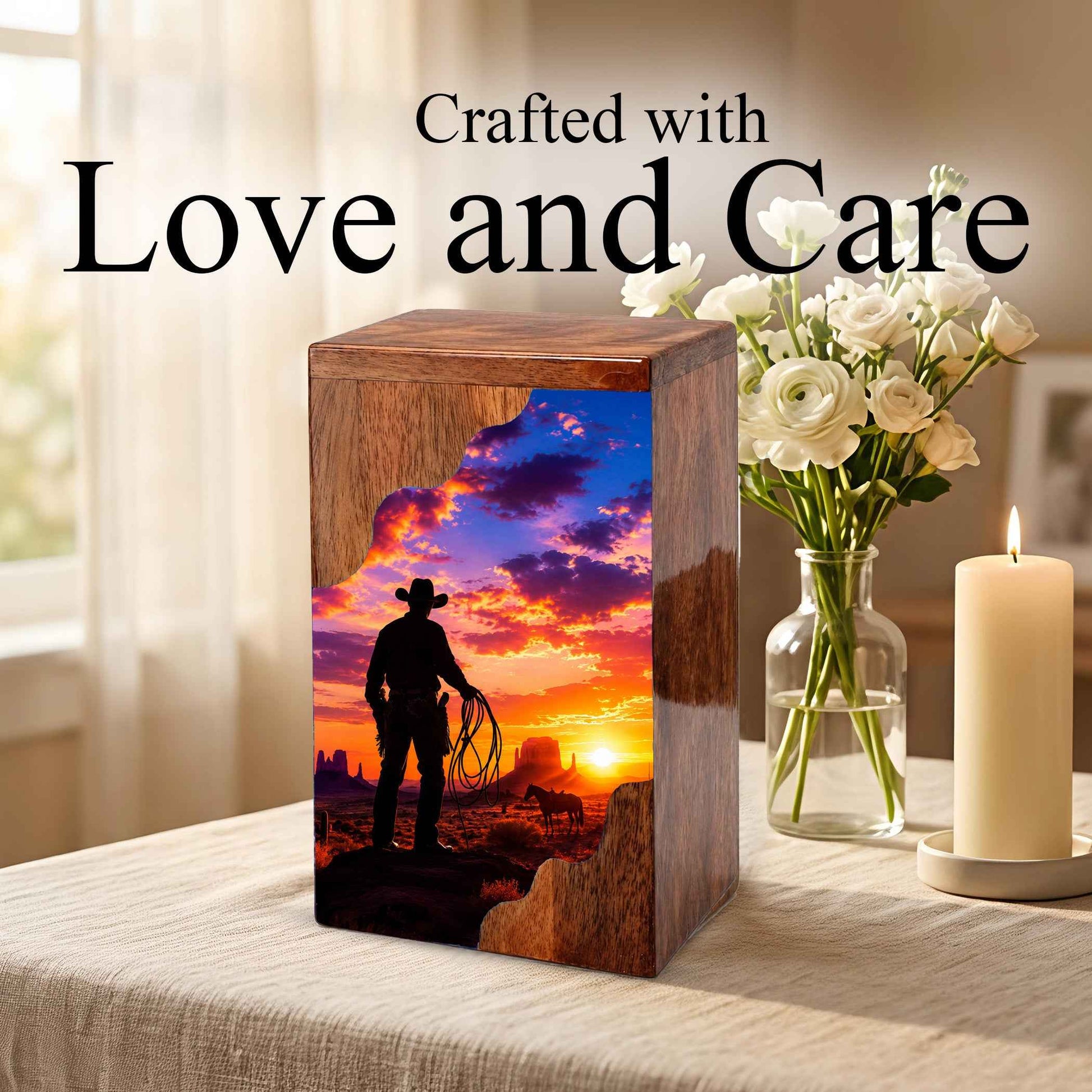 Cowboy Sunset Wooden Cremation Urn – Wooden Urn for Human Ashes