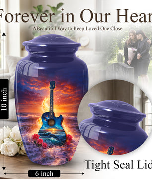 Guitar Funeral Urn - Adult Cremation Large Urn for Ashes |Ocean Sunset Memorial Urn