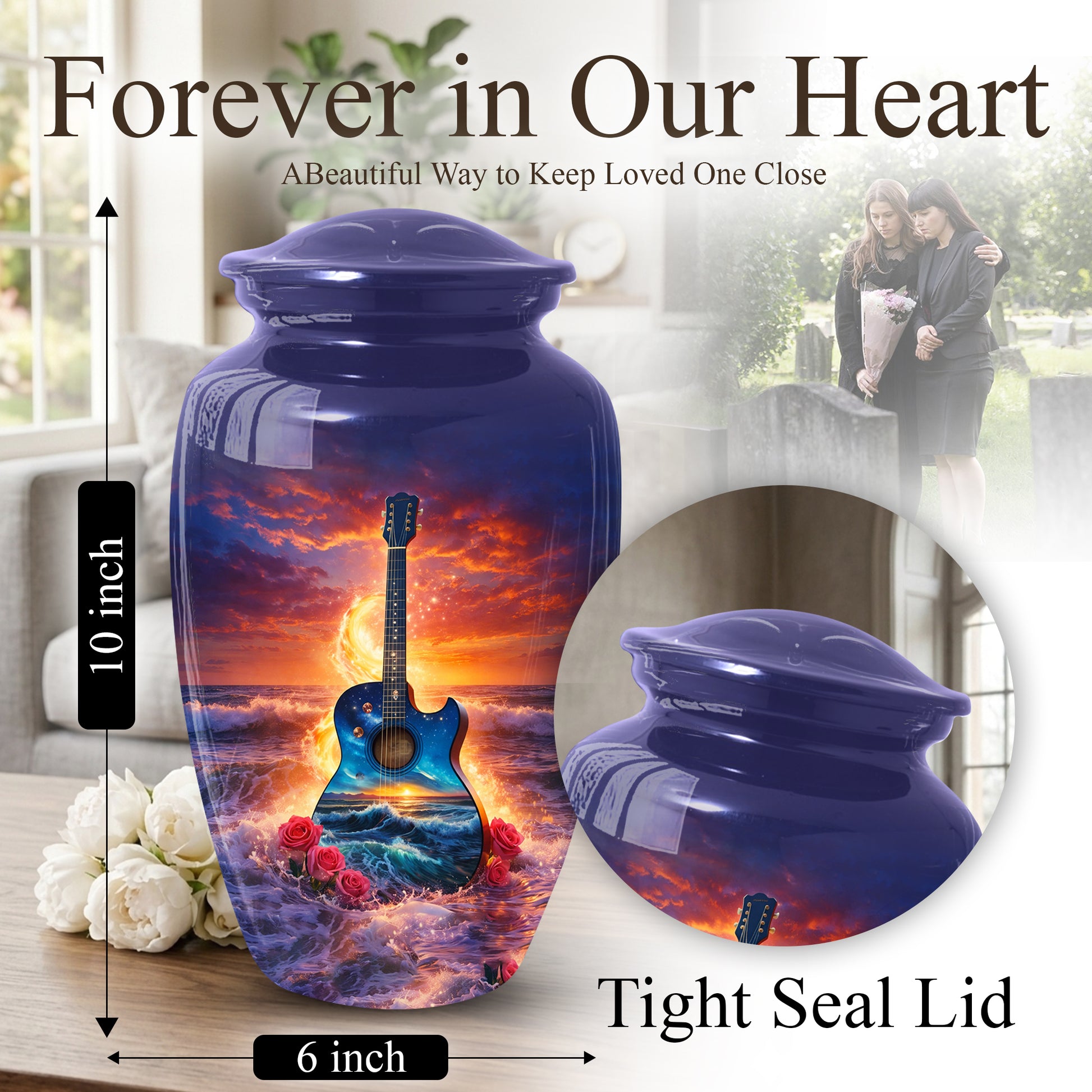 Guitar Funeral Urn - Adult Cremation Large Urn for Ashes |Ocean Sunset Memorial Urn