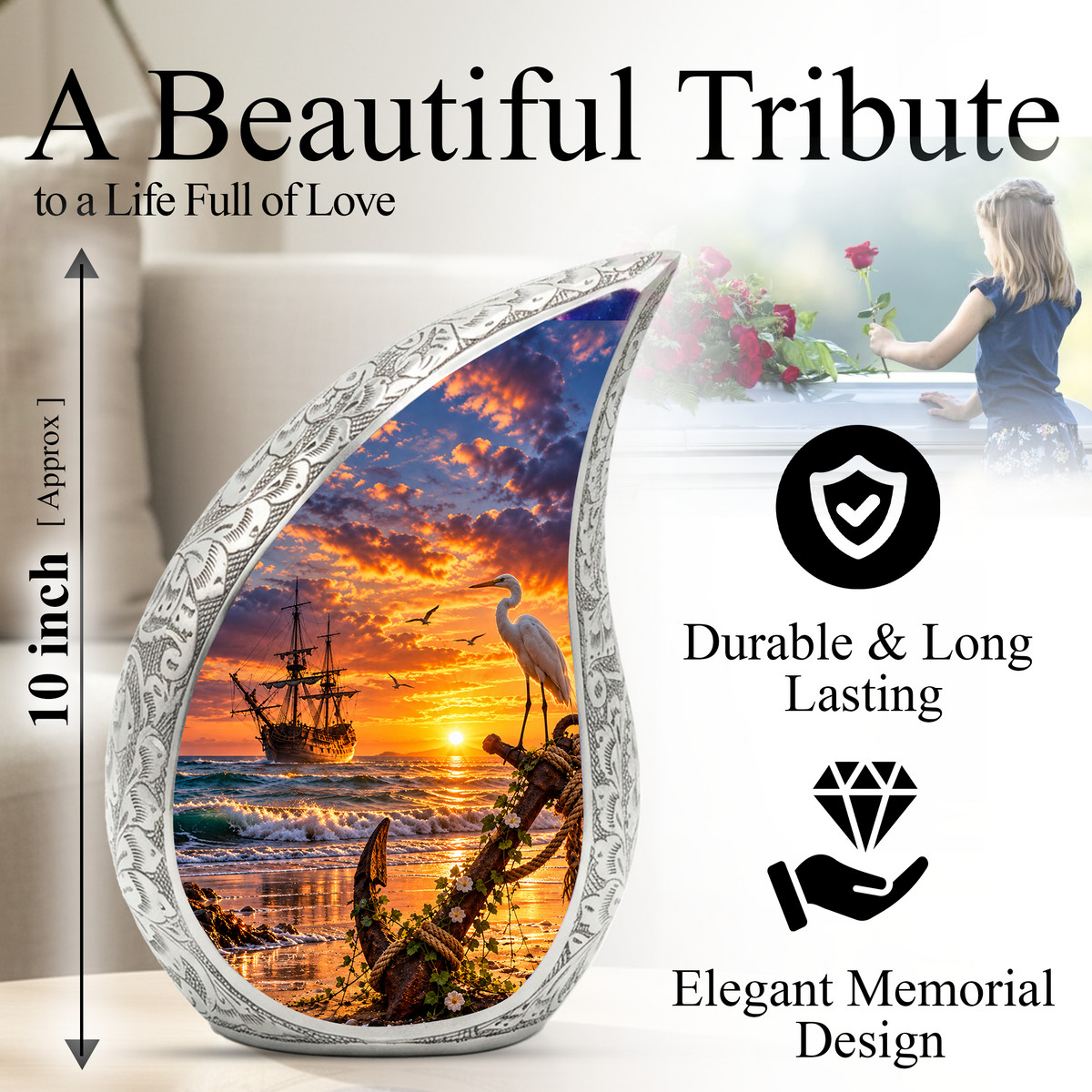 Nautical Cremation Urn for Adult Ashes, Ocean Sunset Memorial Urn, Ship and Anchor Urn, Coastal Urn for Dad