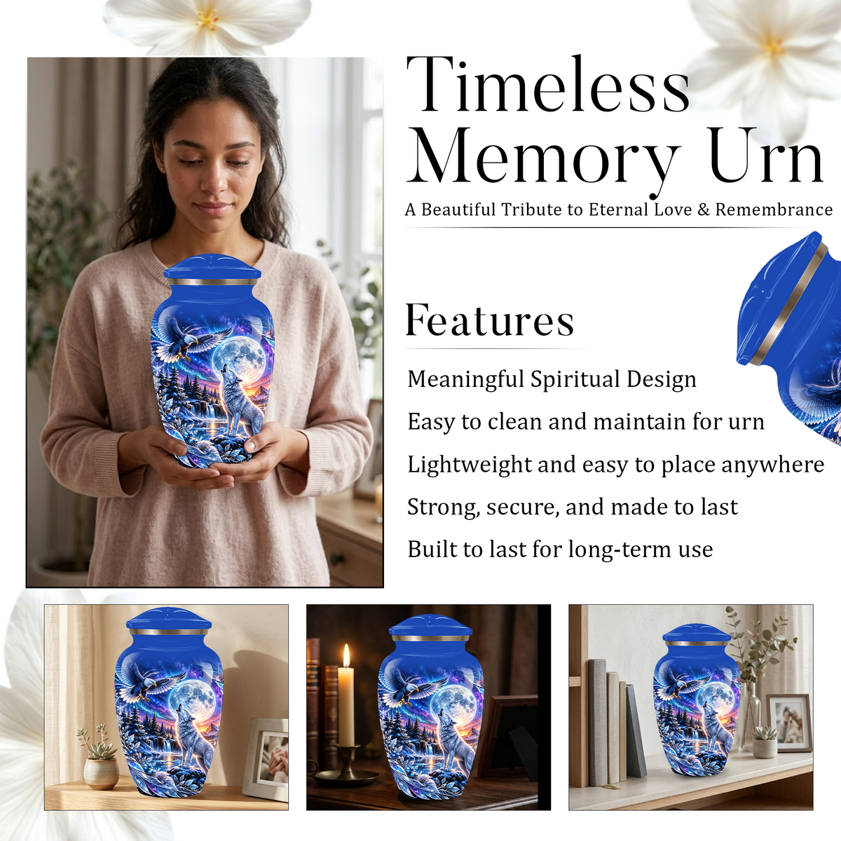 Personalized Adult Cremation Urn for Ashes, Custom Wolf and Eagle Memorial Urn, Blue Moonlight Fantasy Wildlife Design