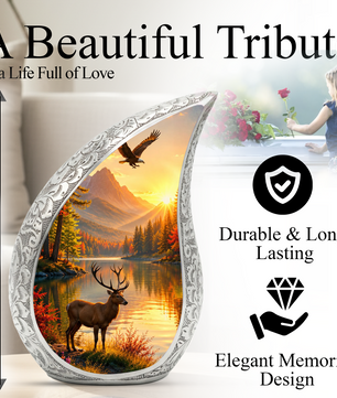 Deer Memorial Adult Urn for Ashes, Mountain Lake Cremation Urn