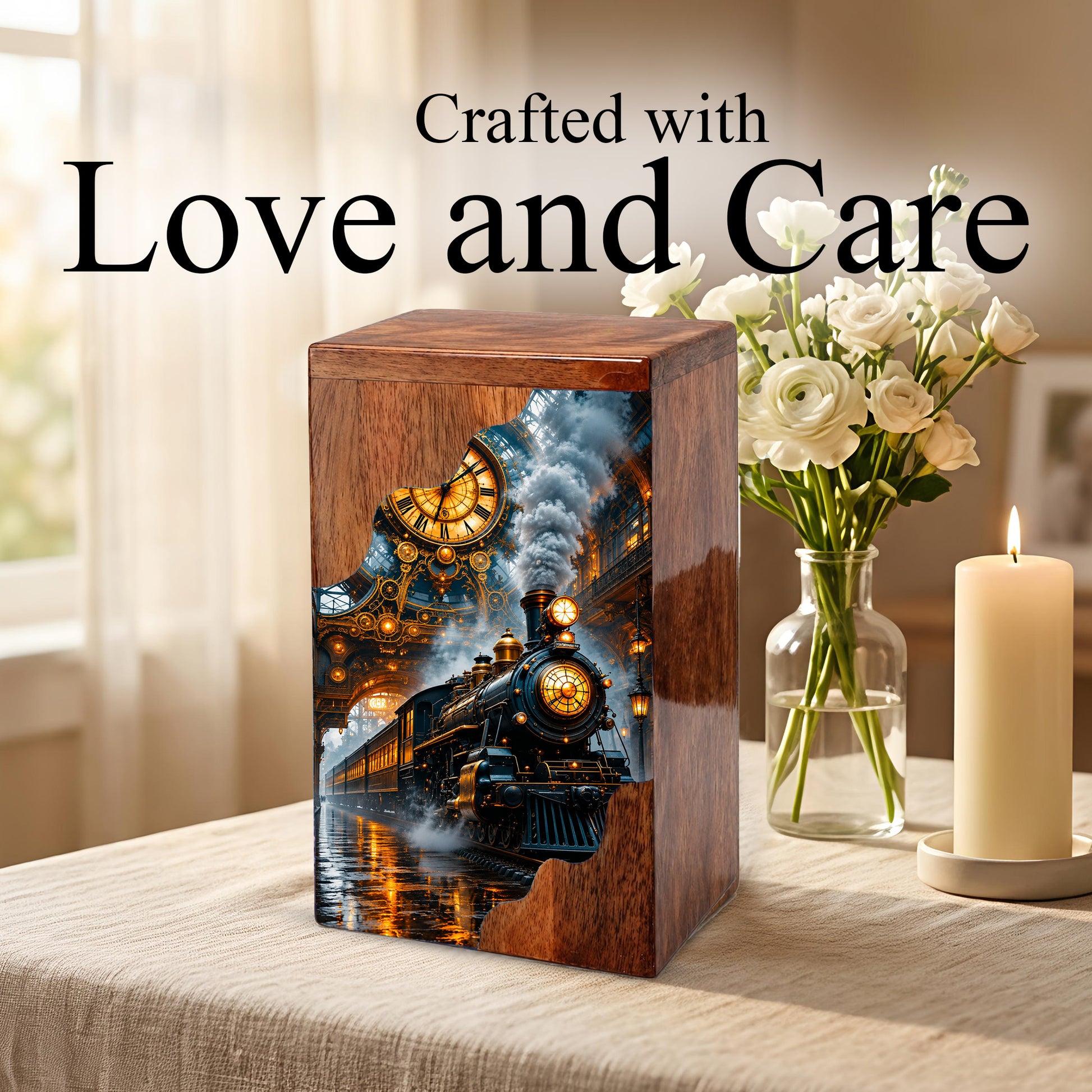 Steam Train Wooden Cremation Urn – Wooden Urn for Human Ashes