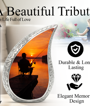 Personalized Fishing Cremation Urn for Dad – Custom Memorial Urn for Ashes, Sunset Lake Teardrop Aluminum Adult Urn, 10 Inch