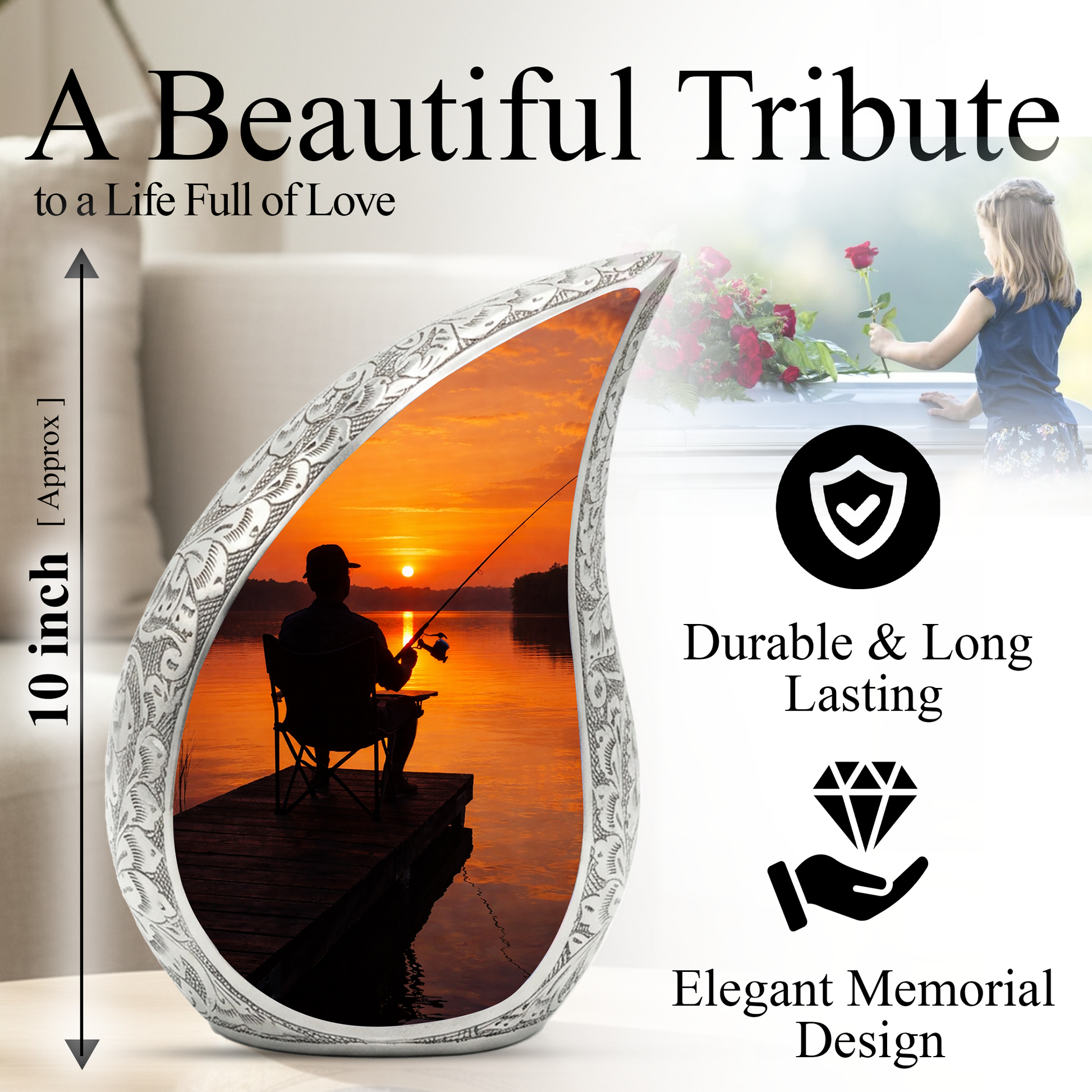 Personalized Fishing Cremation Urn for Dad – Custom Memorial Urn for Ashes, Sunset Lake Teardrop Aluminum Adult Urn, 10 Inch