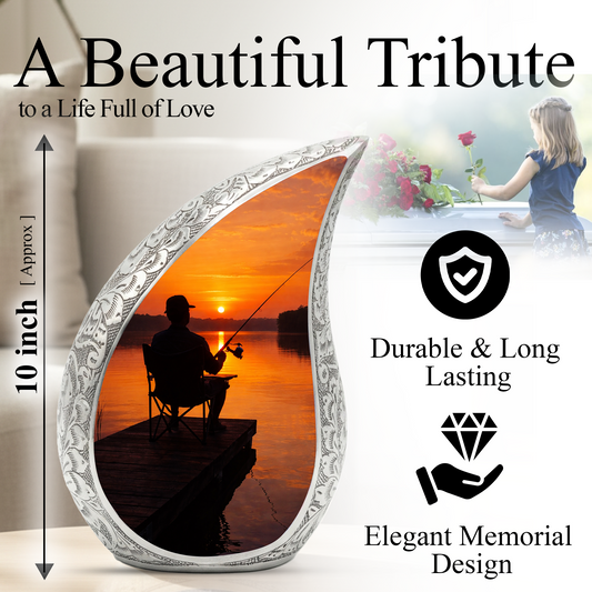 Personalized Fishing Cremation Urn for Dad – Custom Memorial Urn for Ashes, Sunset Lake Teardrop Aluminum Adult Urn, 10 Inch