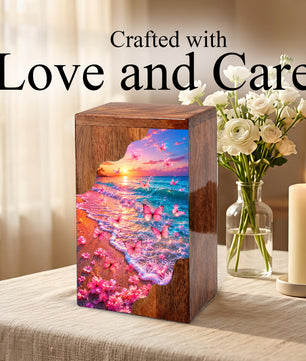 Pink Butterfly Beach Wooden Cremation Urn – Sunset Ocean Memorial Urn for Mom