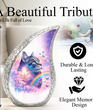Personalized Cat Cremation Urn – Custom Cat Memorial Urn for Ashes, Rainbow Bridge Pet Urn, Teardrop Aluminum Cat Urn, 10 Inch