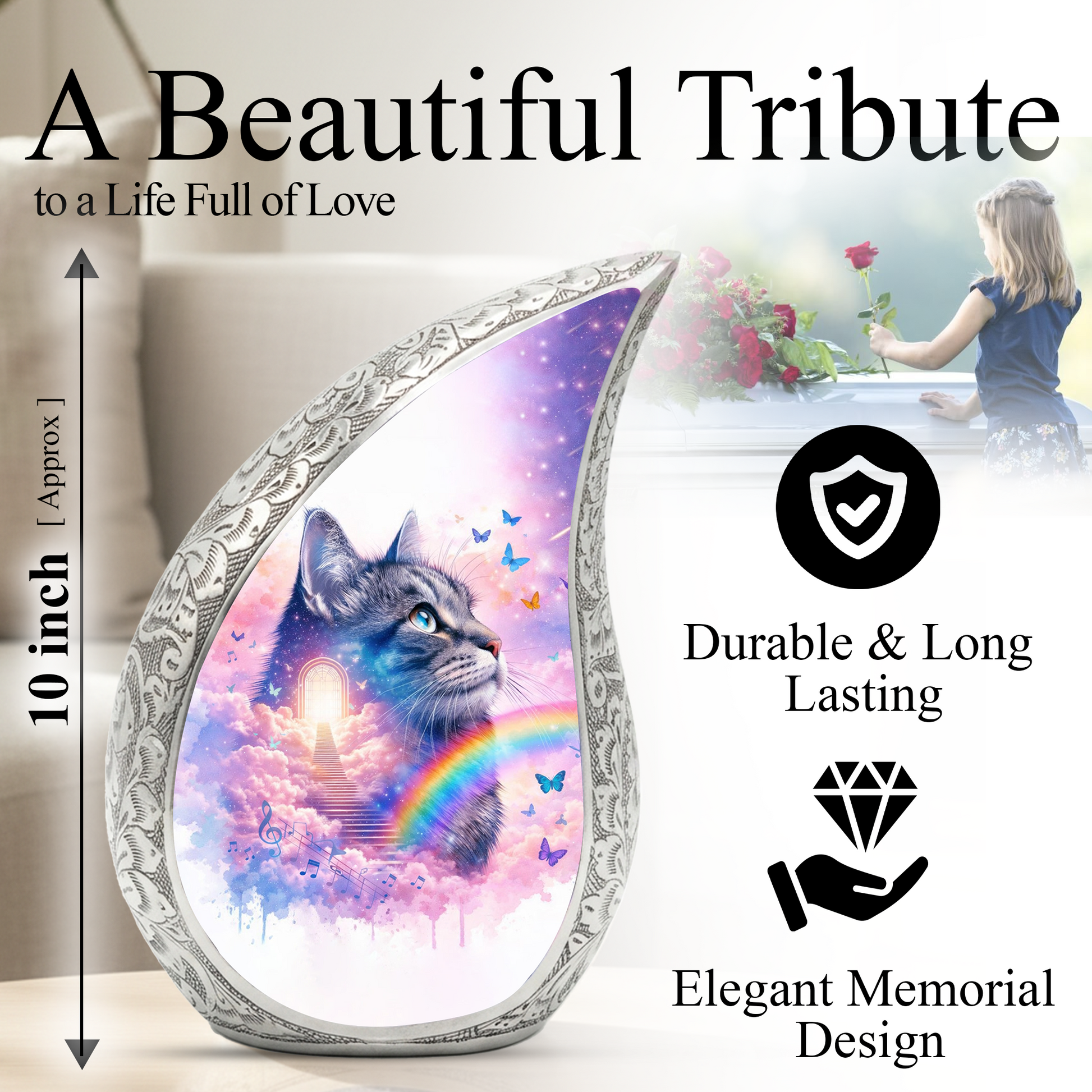 Personalized Cat Cremation Urn – Custom Cat Memorial Urn for Ashes, Rainbow Bridge Pet Urn, Teardrop Aluminum Cat Urn, 10 Inch