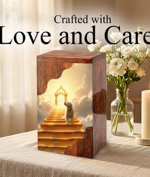 Dog Wooden Cremation Urn – Custom Pet Memorial Urn with Heavenly Dog