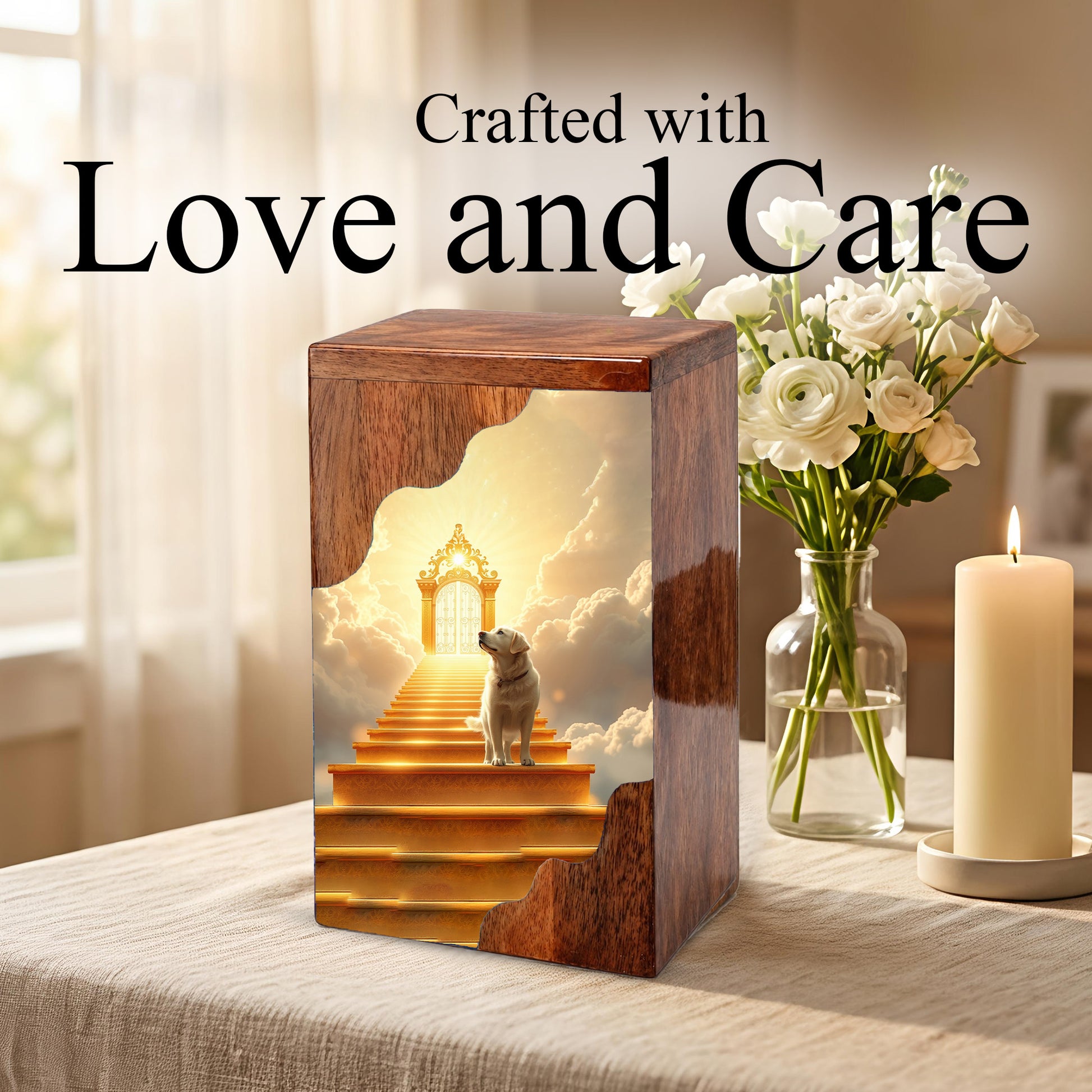 Dog Wooden Cremation Urn – Custom Pet Memorial Urn with Heavenly Dog