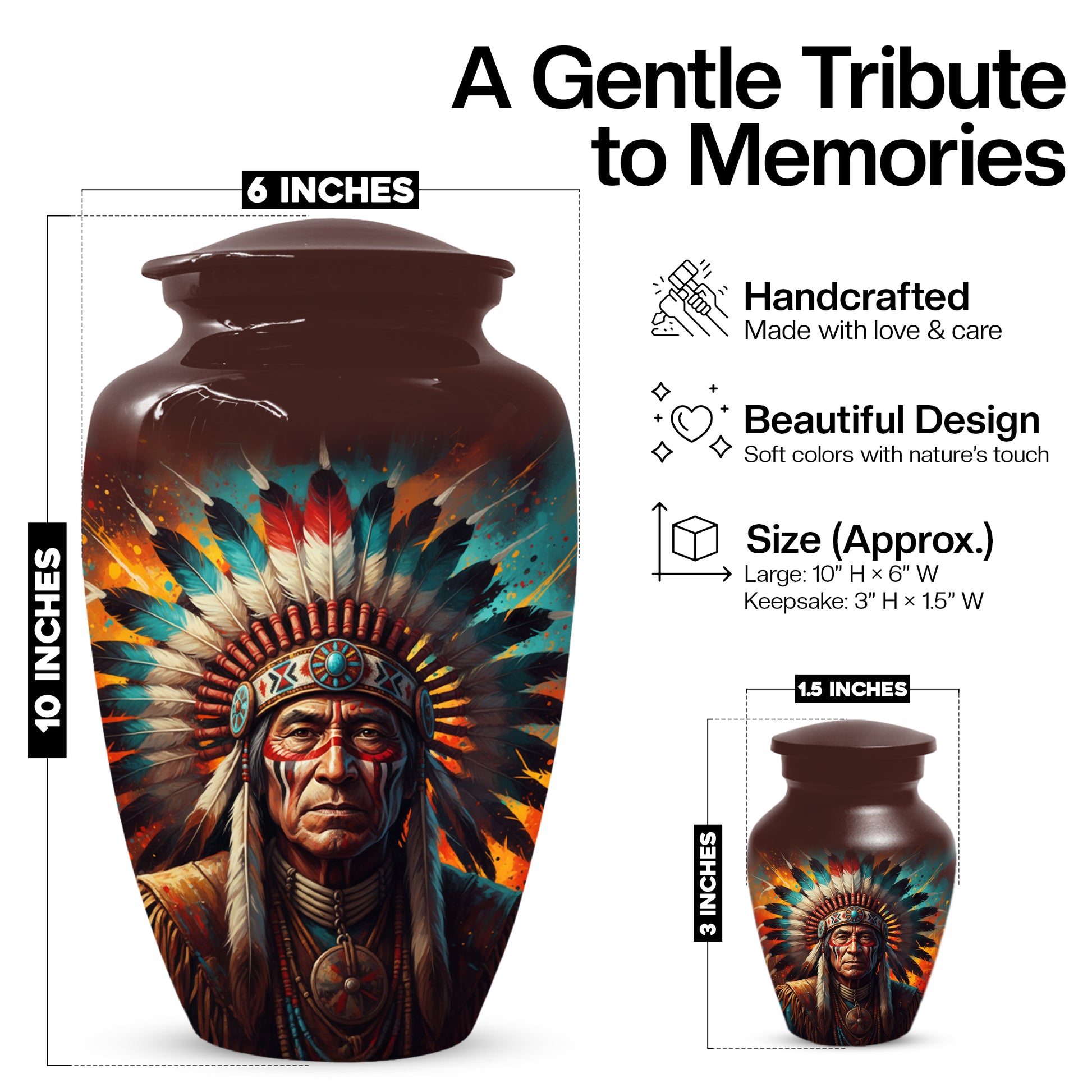 Native American Inspired Cremation Urn for Adult Ashes | Tribal Portrait Memorial Adult Urn