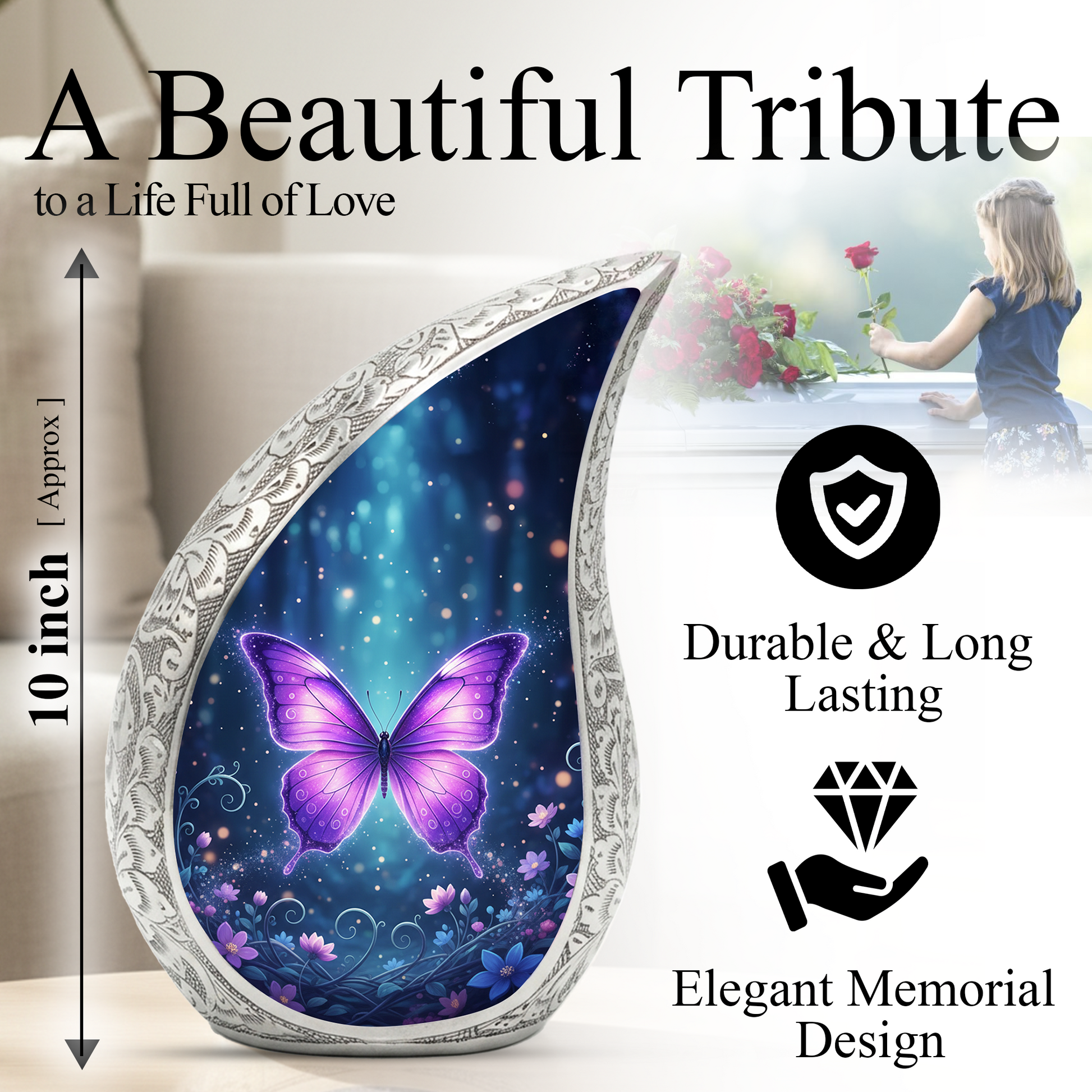 Purple Butterfly Urn for Human Ashes | Urn for Mom | Butterfly Memorial Urn