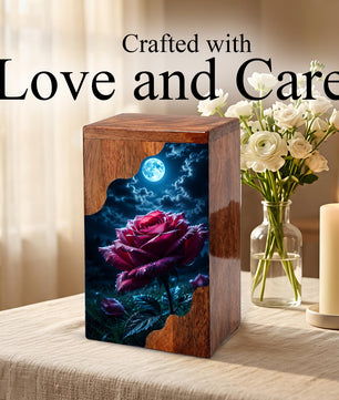Moonlit Rose Wooden Cremation Urn – Rose Memorial Urn for Human Ashes