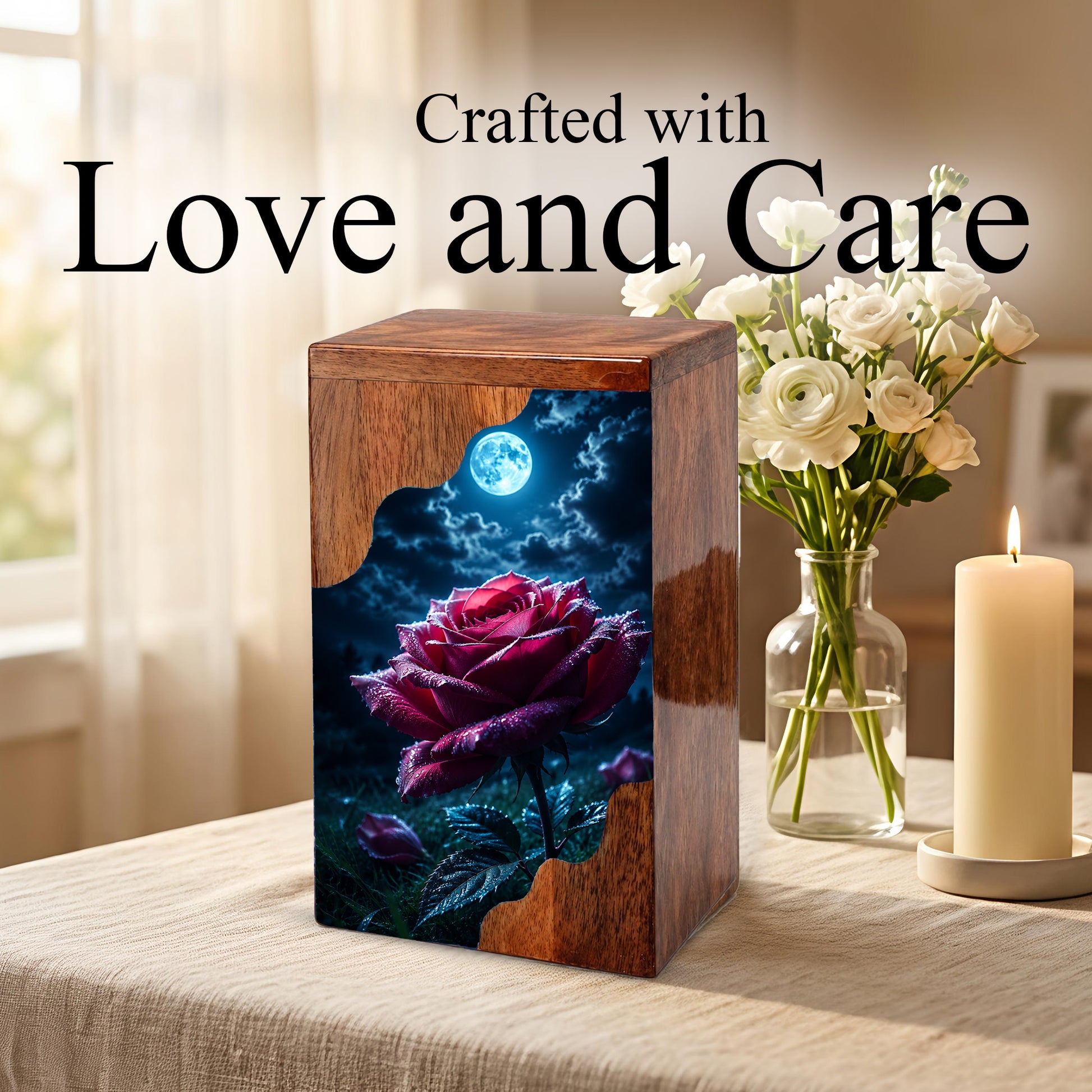 Moonlit Rose Wooden Cremation Urn – Rose Memorial Urn for Human Ashes