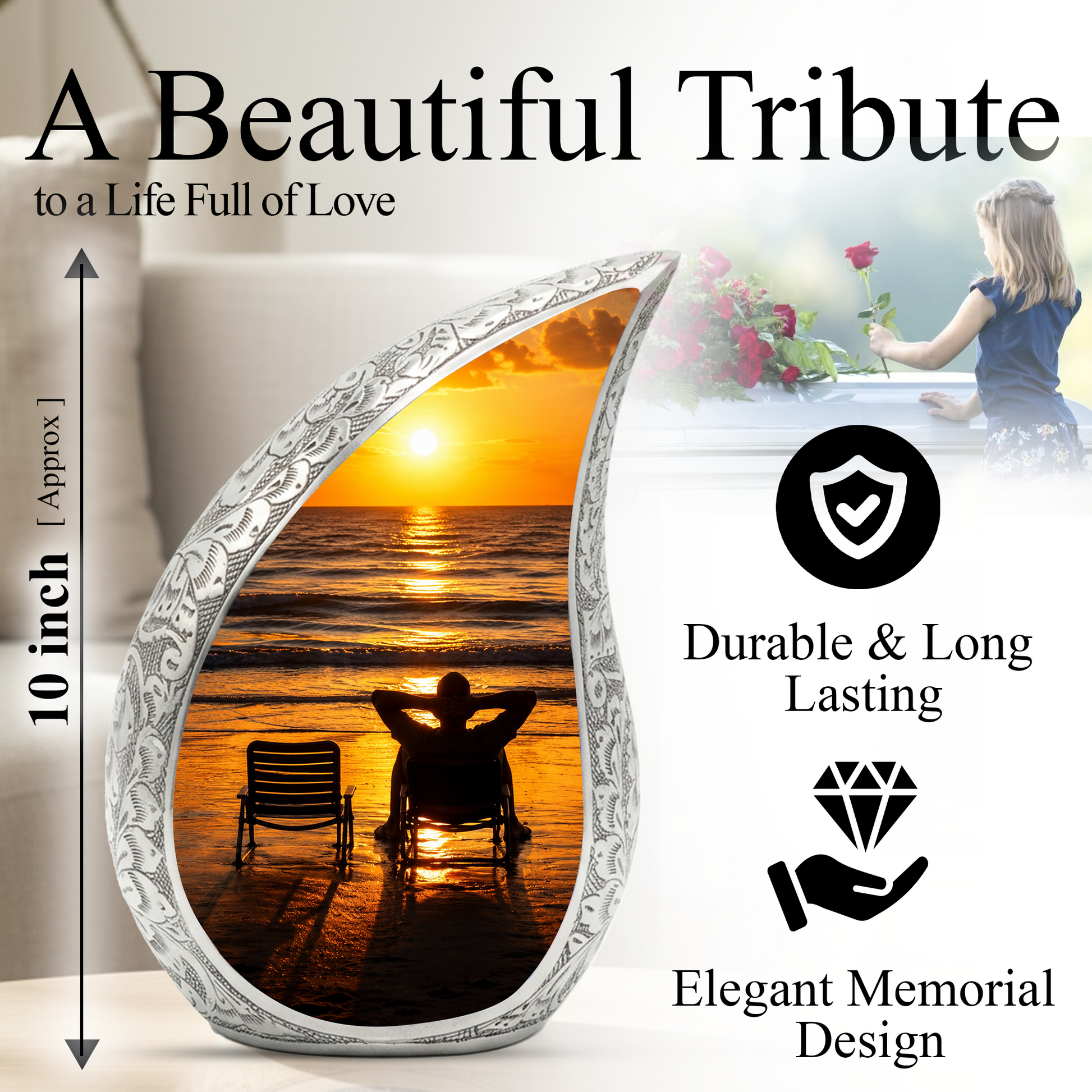 Beach Sunset Urn for Human Ashes | Ocean Sunset Cremation Urn & Beach Themed Memorial Urn