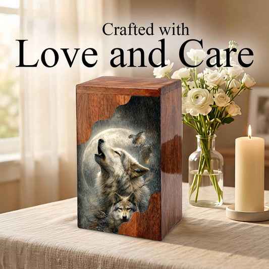 Wolf Cremation Urn for Dad | Wooden Urn for Human Ashes