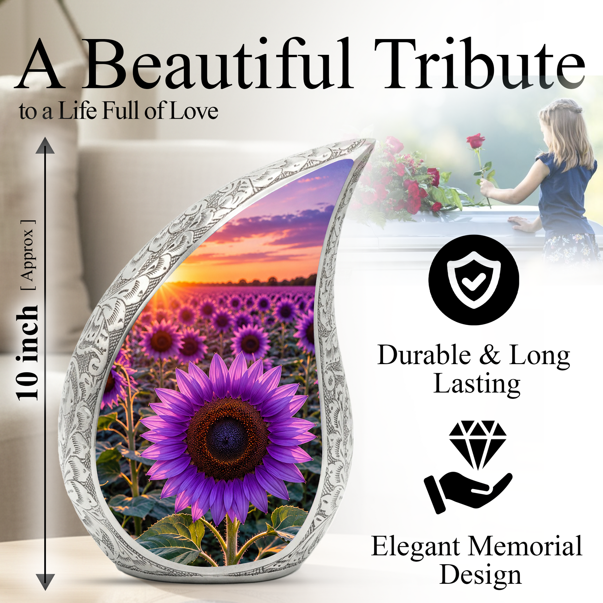 Purple Sunflower Urn for Mom | Beautiful Floral Cremation Urn for Women & Human Ashes